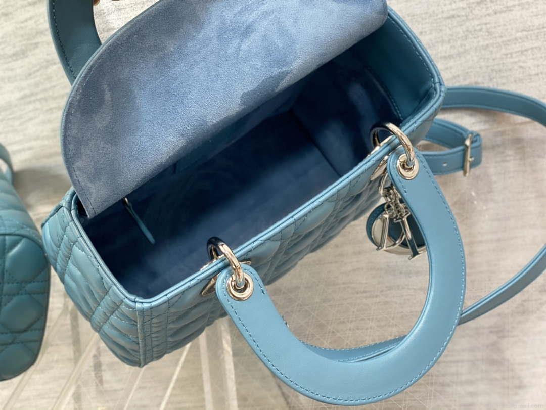 Dior M0565 Medium Lady Dior Bag Blue Cannage Lambskin Silver