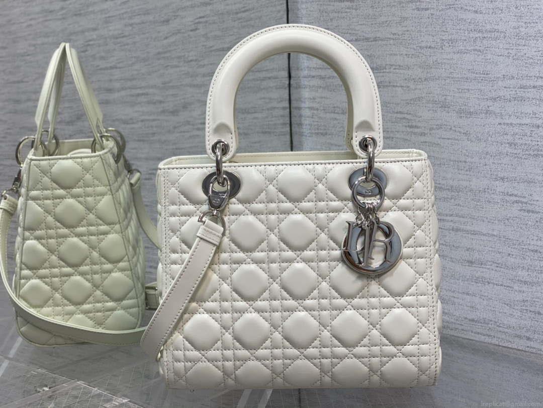 Dior M0565 Medium Lady Dior Bag White Cannage Lambskin Silver