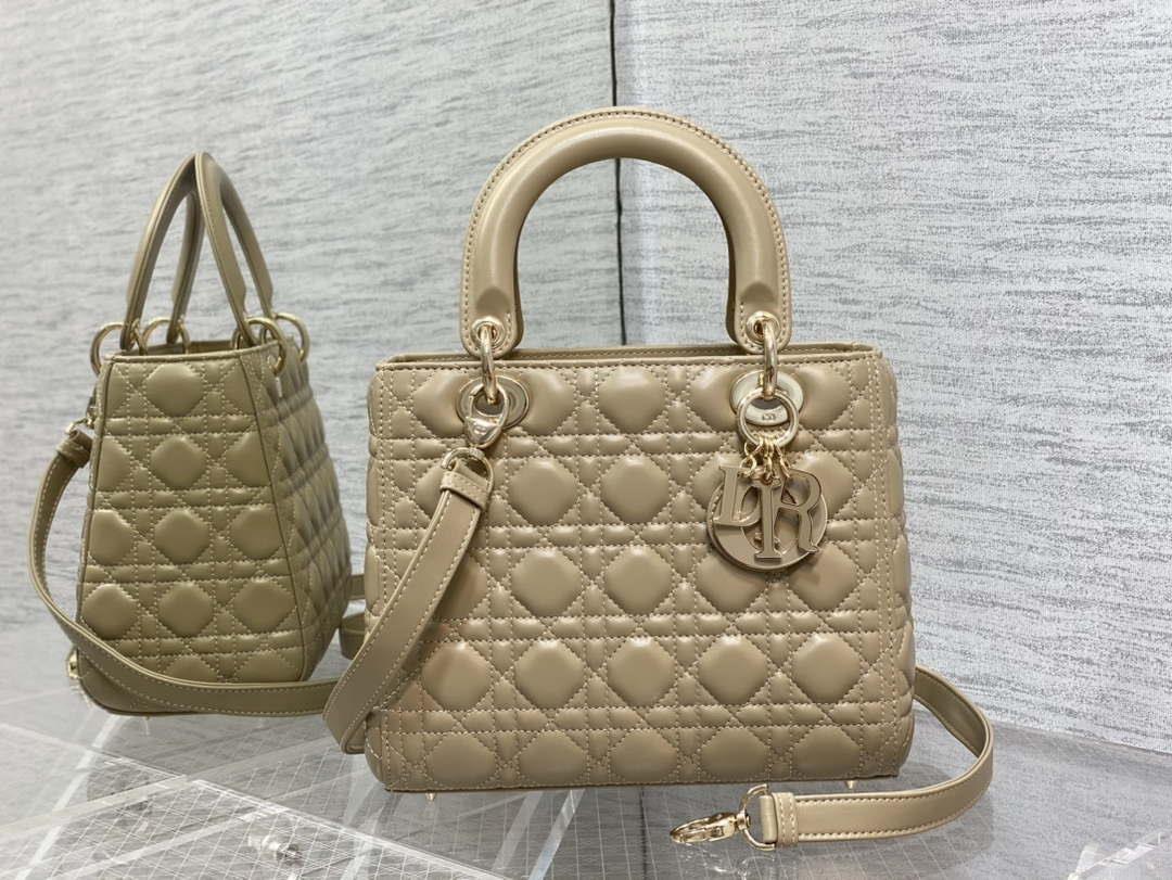 Dior M0565 Medium Lady Dior Bag Mike Tea Cannage Lambskin Enamel Hardware