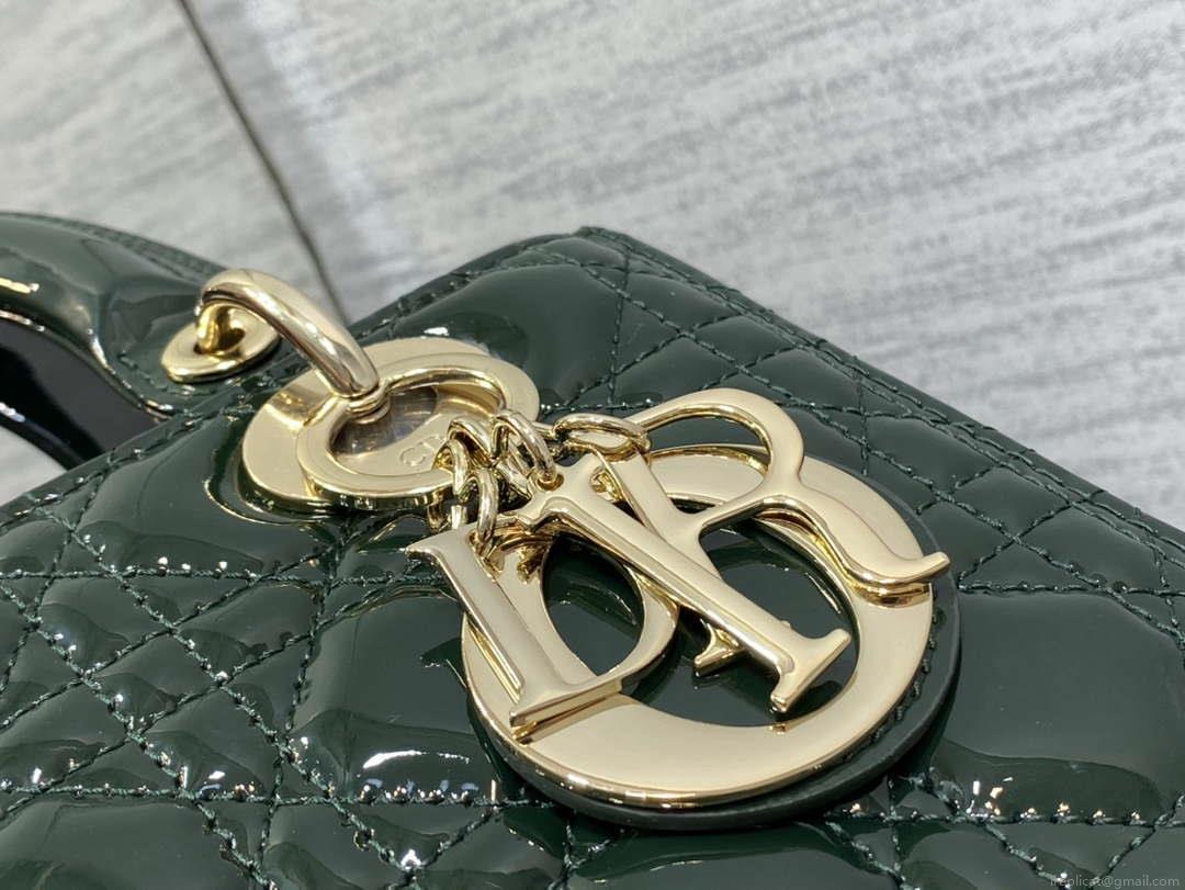 Dior M0565 Medium Lady Dior Patent Cannage Calfskin Bag Dark Green