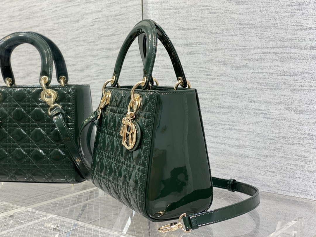 Dior M0565 Medium Lady Dior Patent Cannage Calfskin Bag Dark Green