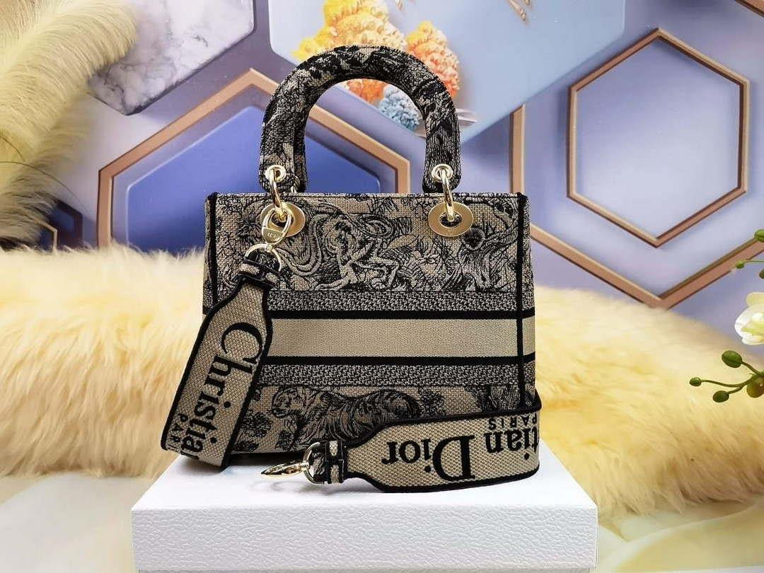 Dior M0565 Medium Lady D-Lite Bag Chocolate Brown and Black Toile de Jouy Embroidery