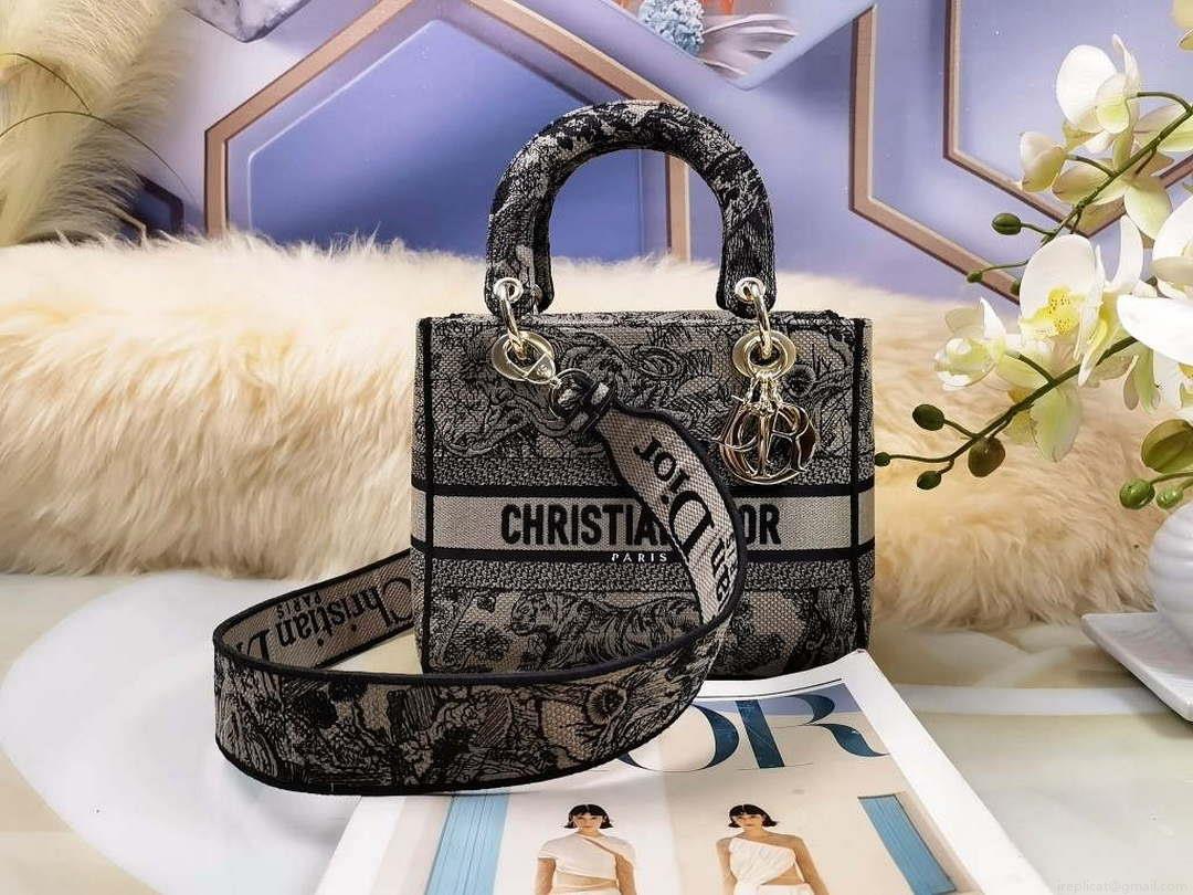 Dior M0565 Medium Lady D-Lite Bag Chocolate Brown and Black Toile de Jouy Embroidery