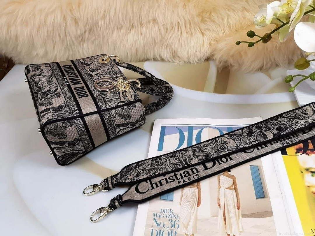 Dior M0565 Medium Lady D-Lite Bag Chocolate Brown and Black Toile de Jouy Embroidery