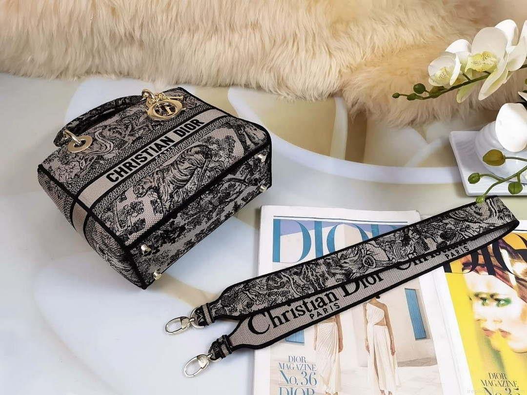 Dior M0565 Medium Lady D-Lite Bag Chocolate Brown and Black Toile de Jouy Embroidery