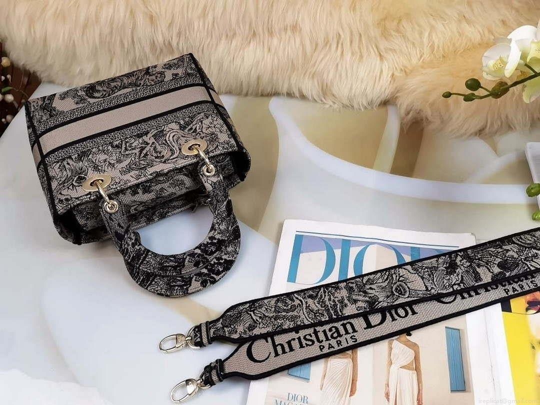 Dior M0565 Medium Lady D-Lite Bag Chocolate Brown and Black Toile de Jouy Embroidery