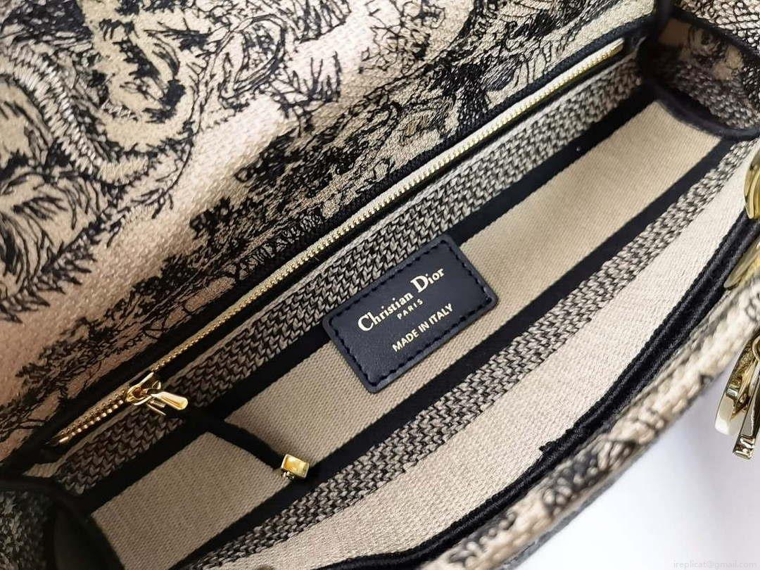 Dior M0565 Medium Lady D-Lite Bag Chocolate Brown and Black Toile de Jouy Embroidery