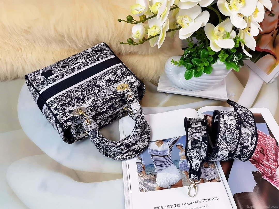Dior M0565 Medium Lady D-Lite Black and White Toile de Jouy Embroidery M1021