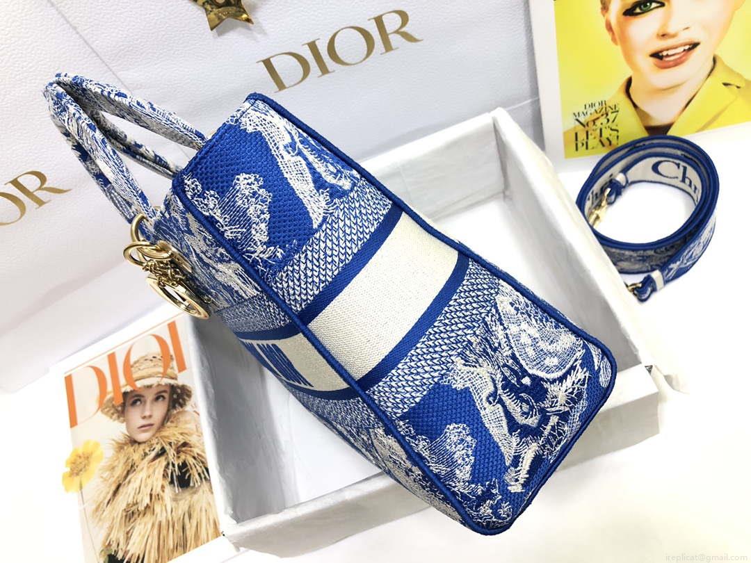 Dior M0566 Large Lady D-Lite Blue Toile de Jouy Embroidery M1053