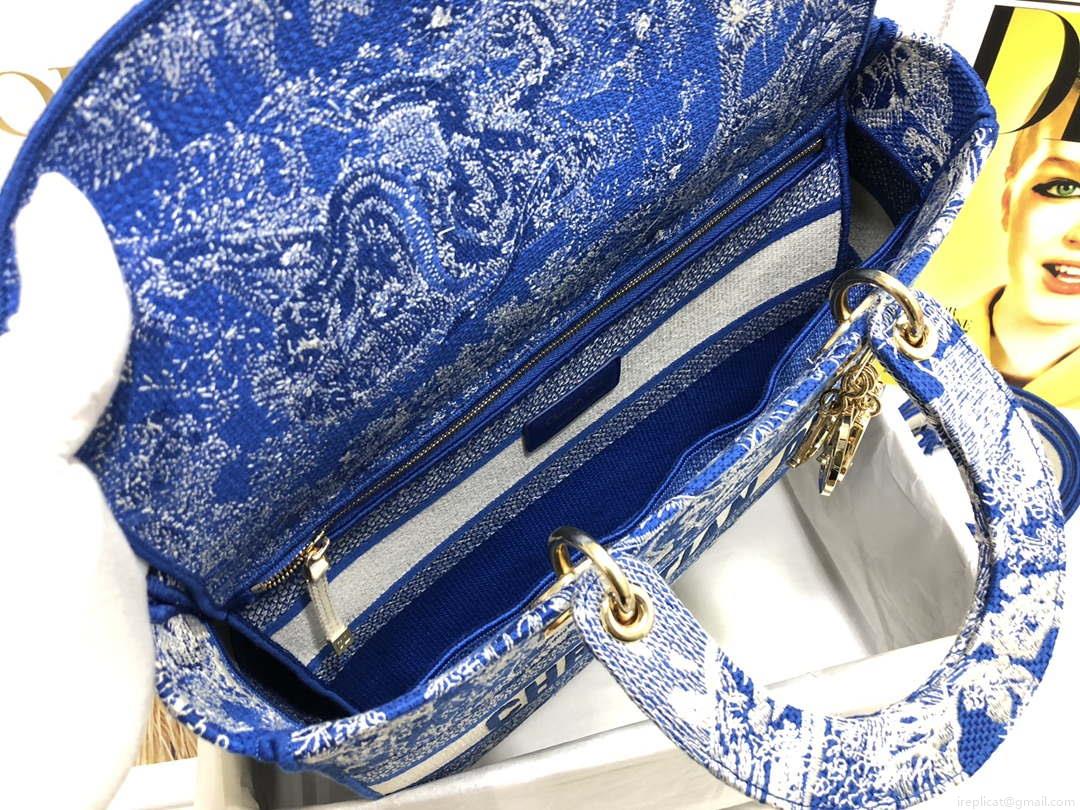 Dior M0566 Large Lady D-Lite Blue Toile de Jouy Embroidery M1053