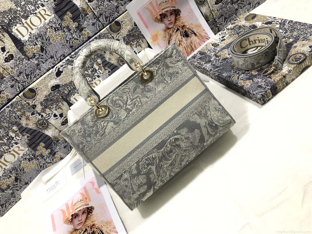 Dior M0566 Large Lady D-Lite Gray de Jouy Embroidery M1055