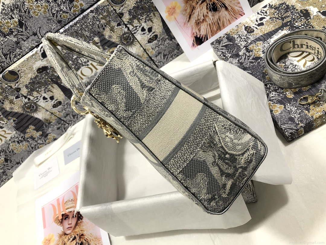 Dior M0566 Large Lady D-Lite Gray de Jouy Embroidery M1055