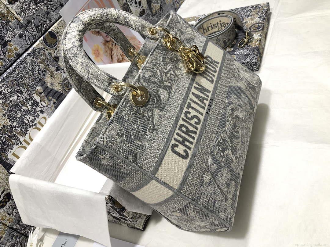 Dior M0566 Large Lady D-Lite Gray de Jouy Embroidery M1055