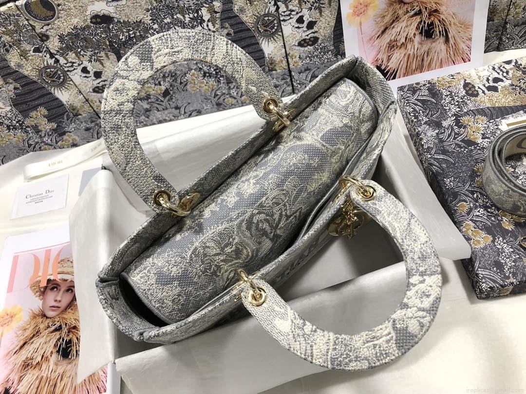 Dior M0566 Large Lady D-Lite Gray de Jouy Embroidery M1055
