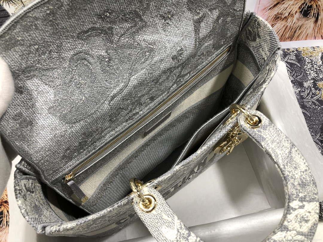 Dior M0566 Large Lady D-Lite Gray de Jouy Embroidery M1055