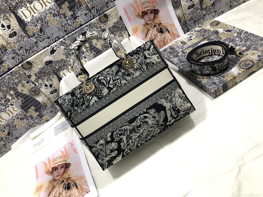 Dior M0566 Large Lady D-Lite Gray de Jouy Embroidery M1056