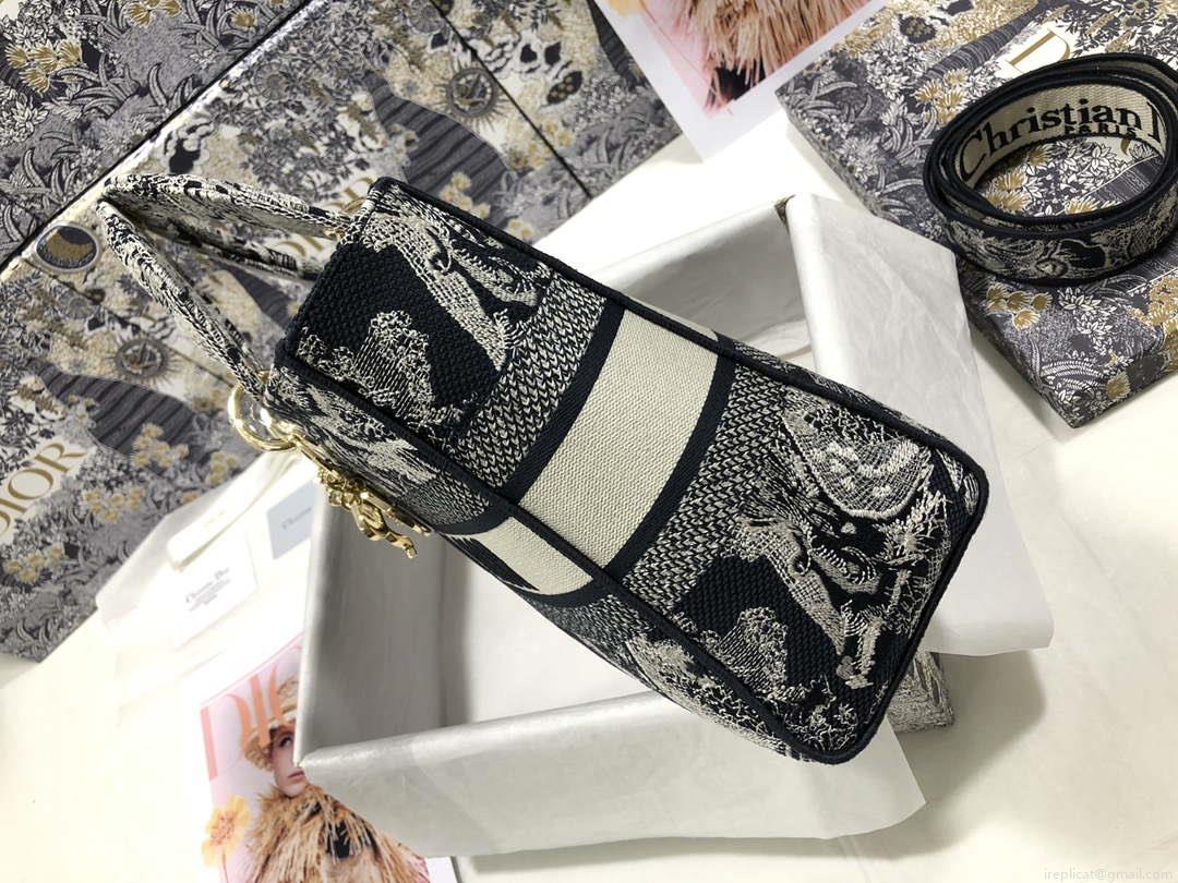 Dior M0566 Large Lady D-Lite Gray de Jouy Embroidery M1056
