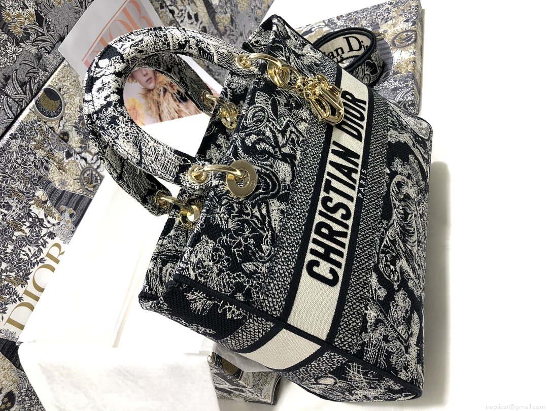 Dior M0566 Large Lady D-Lite Gray de Jouy Embroidery M1056