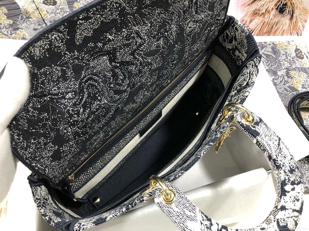 Dior M0566 Large Lady D-Lite Gray de Jouy Embroidery M1056