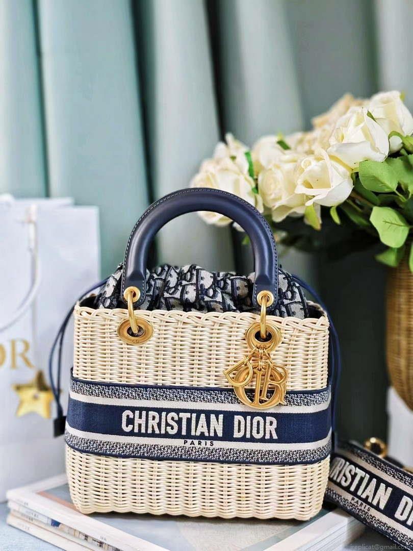 Dior M0565 Medium Lady Dior Bag Natural Wicker Navy Blue Dior Oblique Jacquard