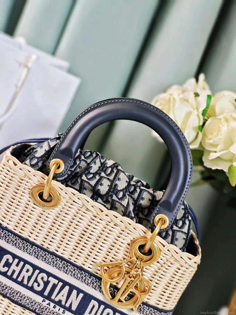 Dior M0565 Medium Lady Dior Bag Natural Wicker Navy Blue Dior Oblique Jacquard