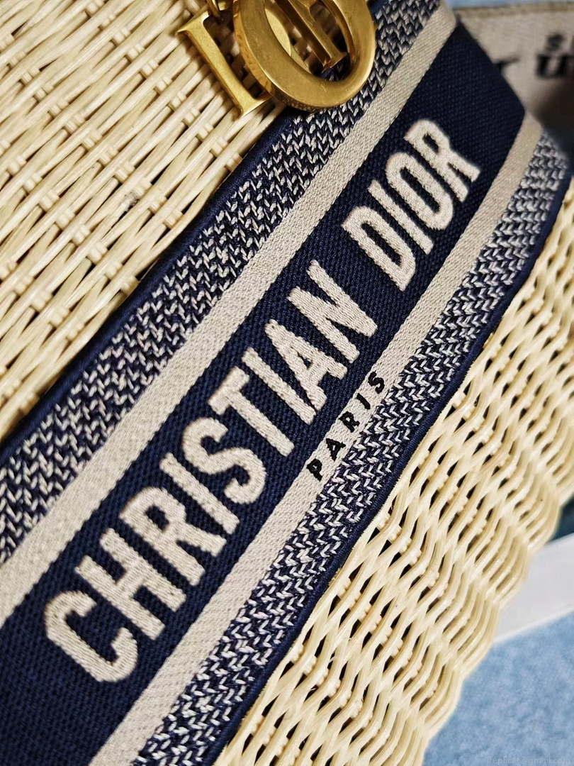 Dior M0565 Medium Lady Dior Bag Natural Wicker Navy Blue Dior Oblique Jacquard