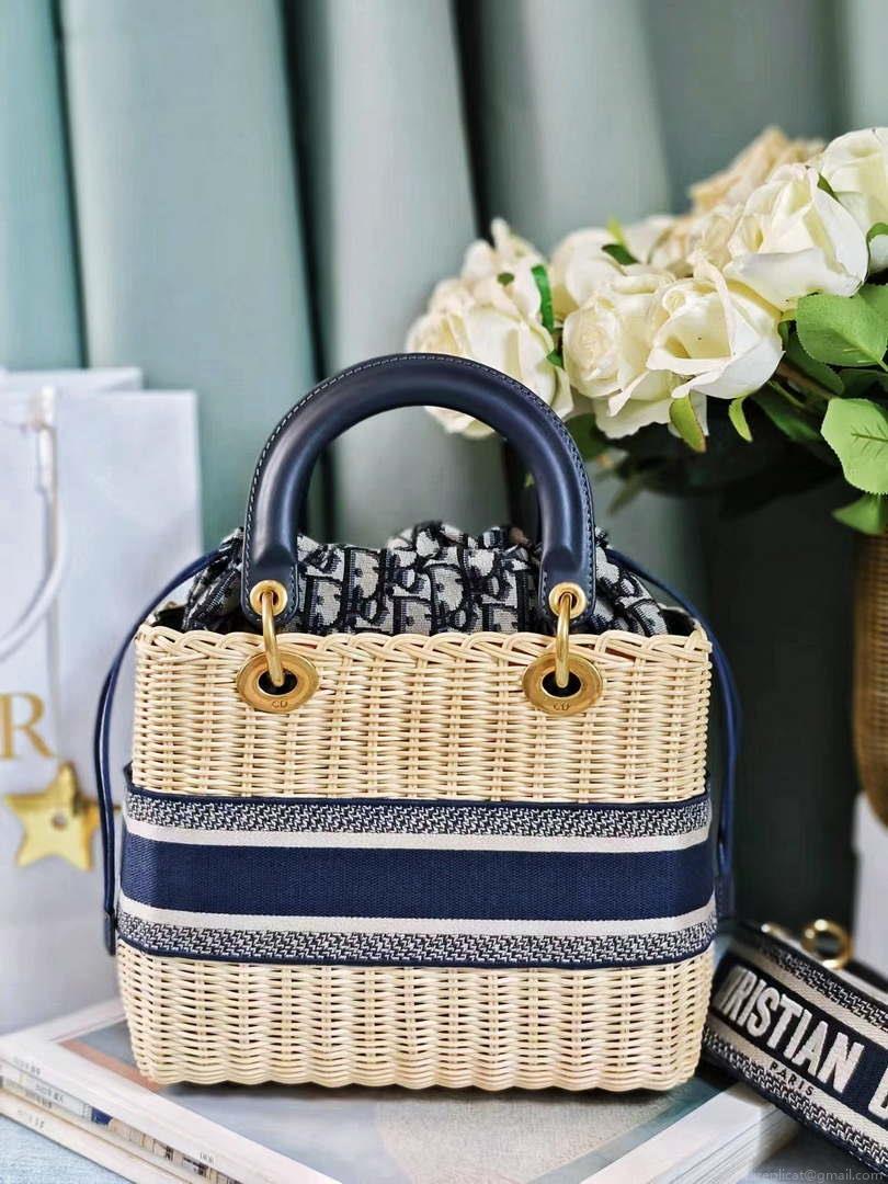 Dior M0565 Medium Lady Dior Bag Natural Wicker Navy Blue Dior Oblique Jacquard