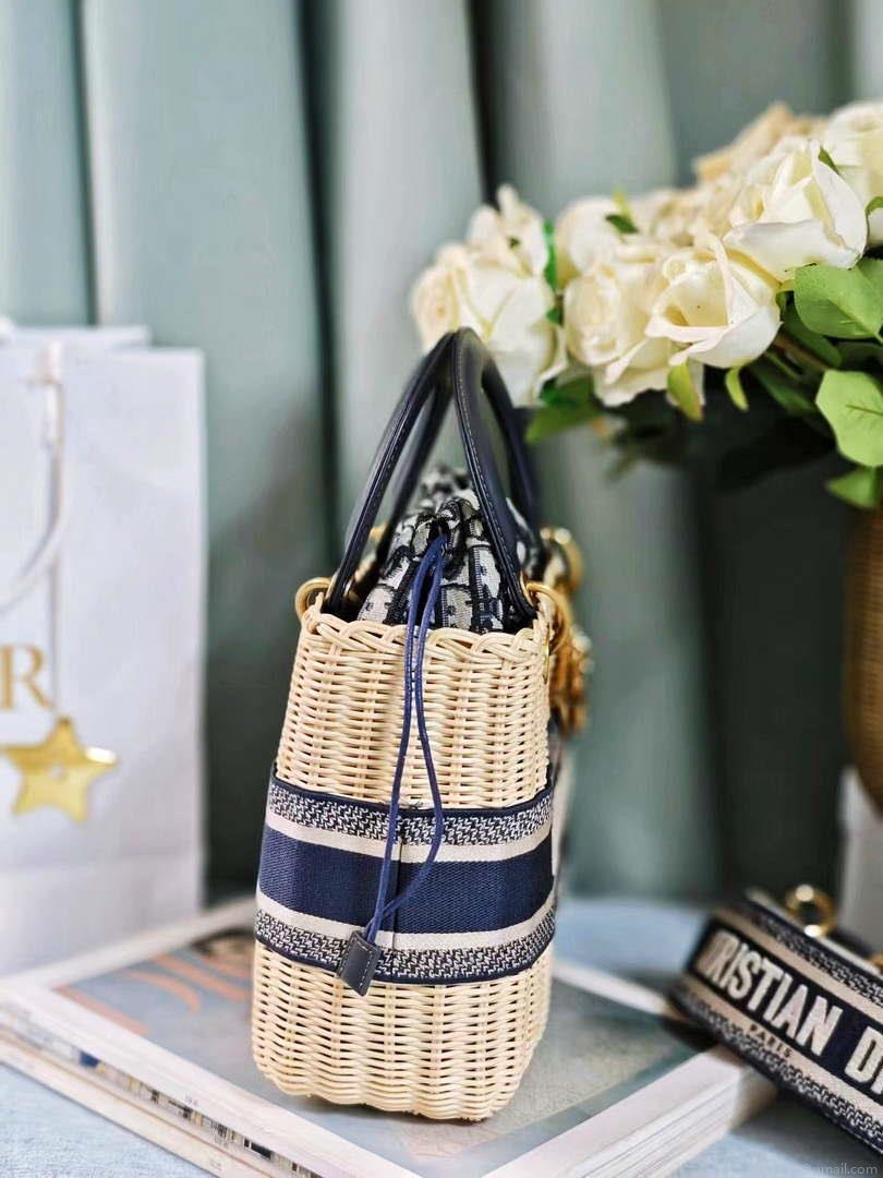 Dior M0565 Medium Lady Dior Bag Natural Wicker Navy Blue Dior Oblique Jacquard