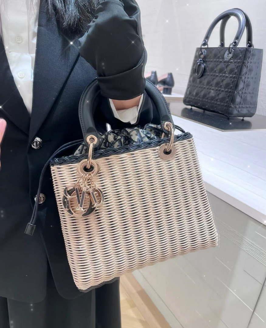 Dior M0565 Medium Lady Dior Bag Natural Wicker with Navy Blue