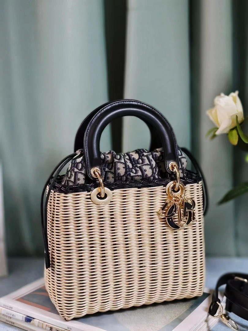 Dior M0565 Medium Lady Dior Bag Natural Wicker with Navy Blue