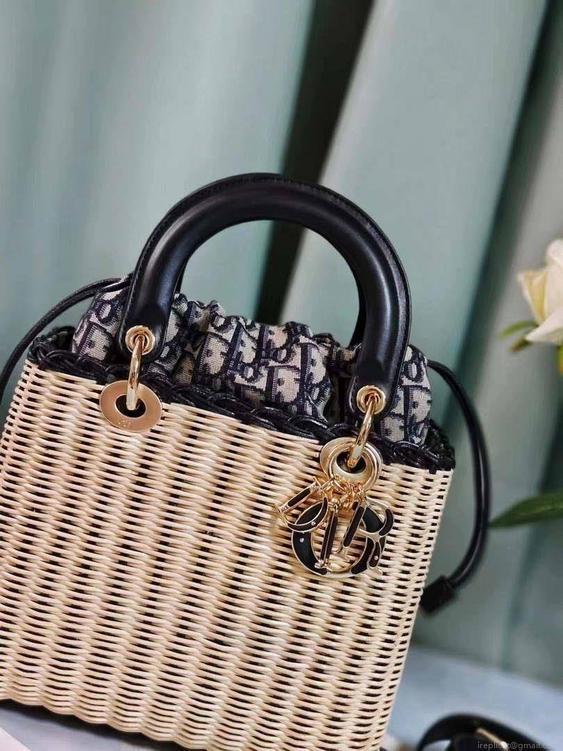 Dior M0565 Medium Lady Dior Bag Natural Wicker with Navy Blue