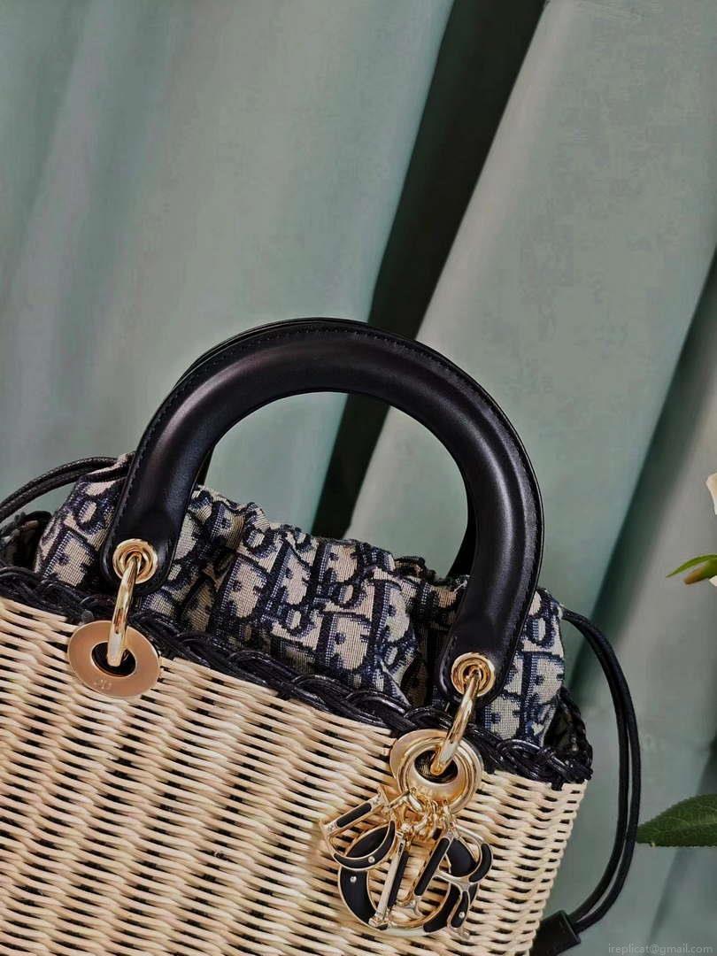 Dior M0565 Medium Lady Dior Bag Natural Wicker with Navy Blue