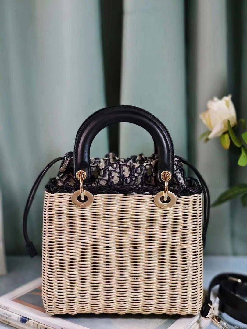 Dior M0565 Medium Lady Dior Bag Natural Wicker with Navy Blue