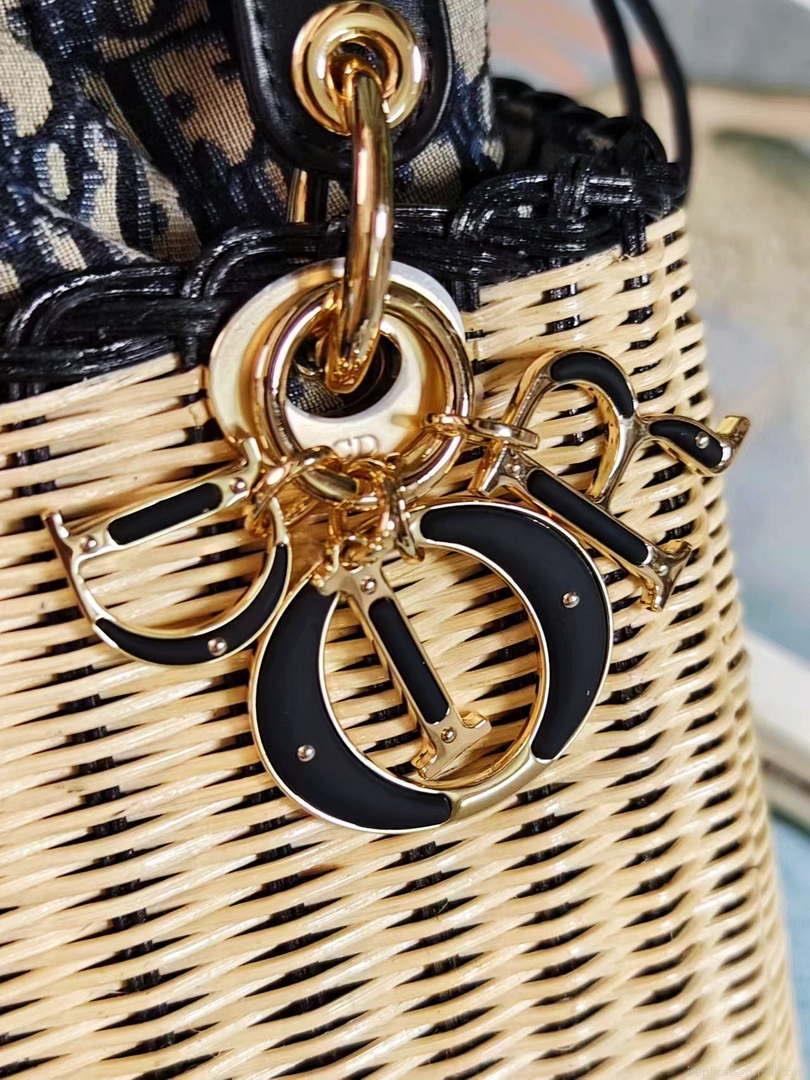 Dior M0565 Medium Lady Dior Bag Natural Wicker with Navy Blue