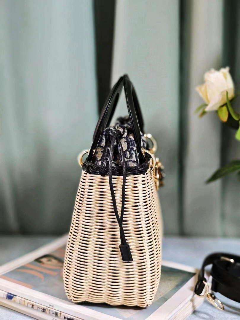 Dior M0565 Medium Lady Dior Bag Natural Wicker with Navy Blue