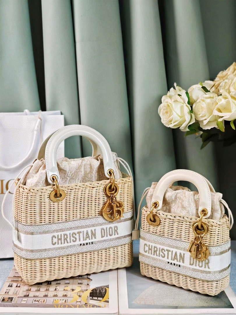 Dior M0505 MINI Lady Dior Bag Natural Wicker Grey Dior Oblique Jacquard
