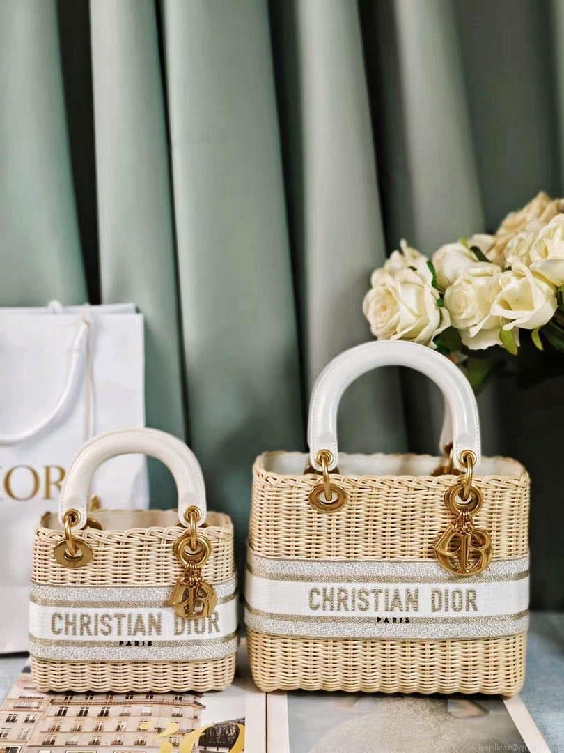 Dior M0505 MINI Lady Dior Bag Natural Wicker Grey Dior Oblique Jacquard