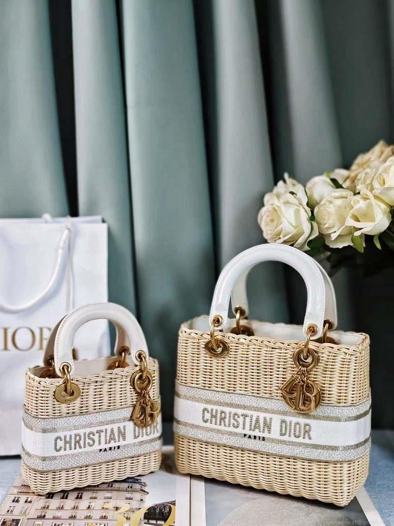 Dior M0505 MINI Lady Dior Bag Natural Wicker Grey Dior Oblique Jacquard