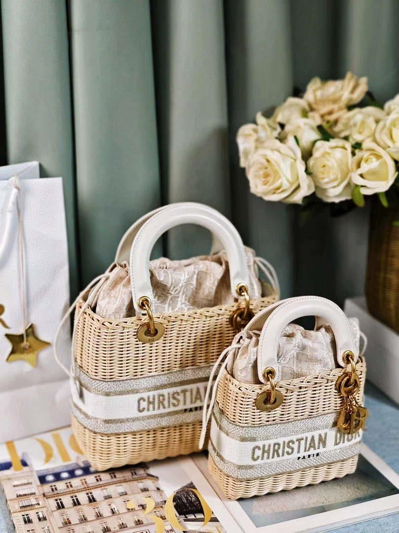Dior M0505 MINI Lady Dior Bag Natural Wicker Grey Dior Oblique Jacquard