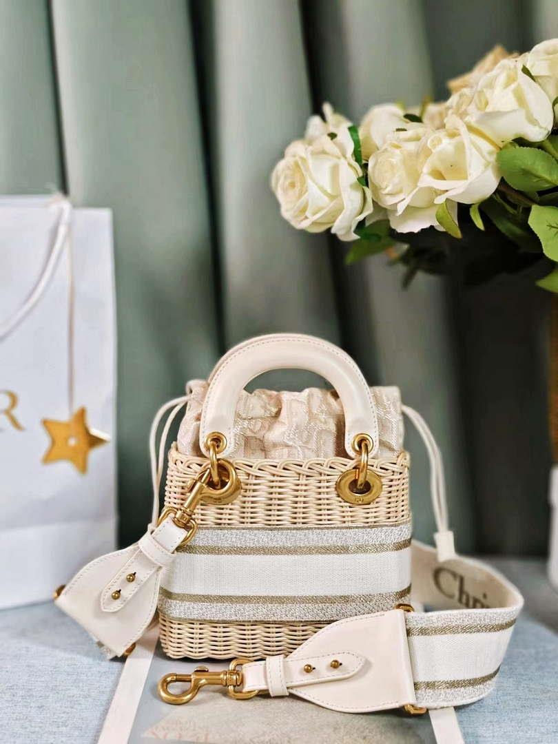 Dior M0505 MINI Lady Dior Bag Natural Wicker Grey Dior Oblique Jacquard