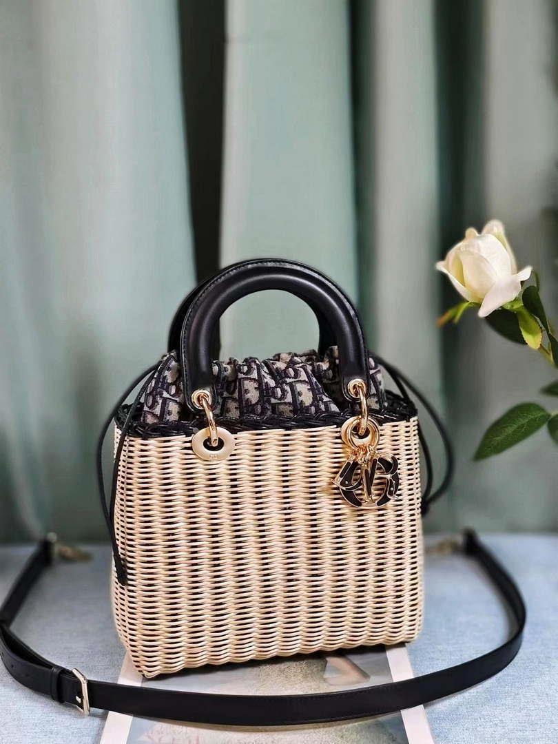 Dior M0505 MINI Lady Dior Bag Natural Wicker navy Blue