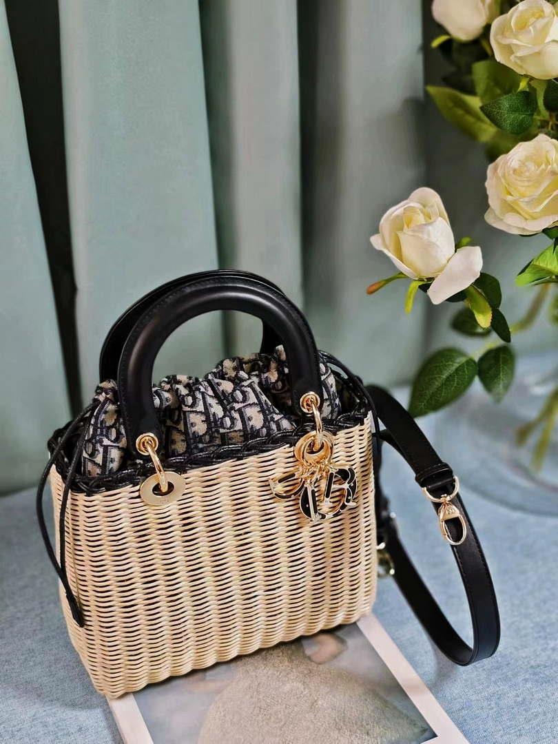 Dior M0505 MINI Lady Dior Bag Natural Wicker navy Blue