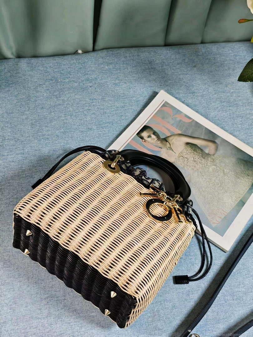 Dior M0505 MINI Lady Dior Bag Natural Wicker navy Blue
