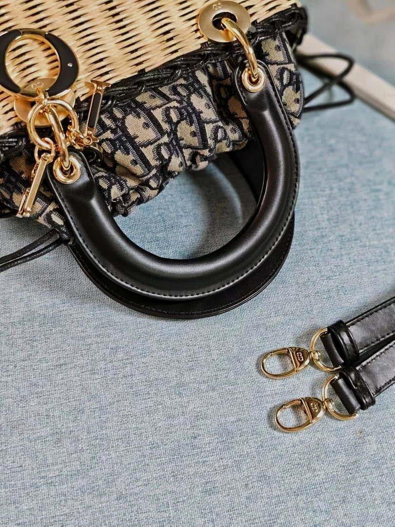 Dior M0505 MINI Lady Dior Bag Natural Wicker navy Blue