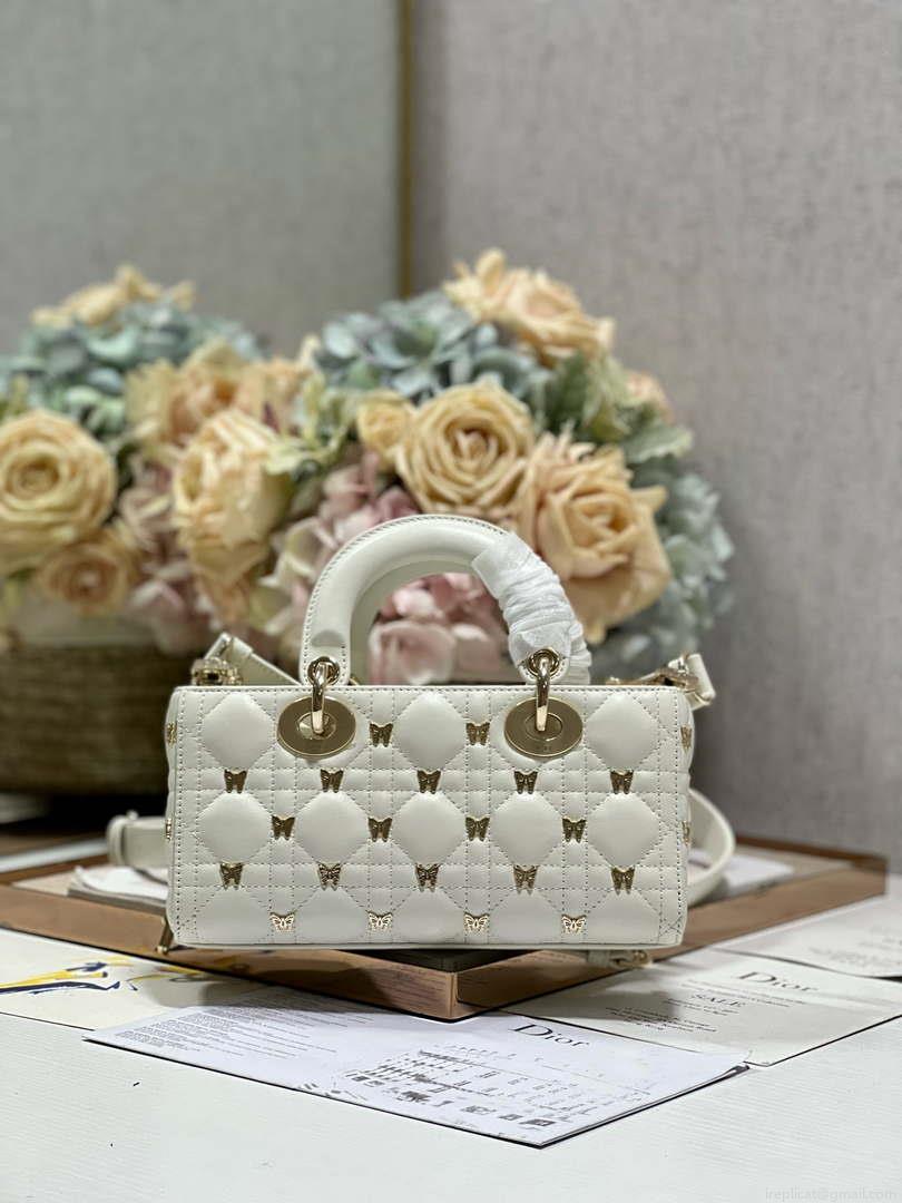Dior M0613 Small Lady D-joy Bag White Cannage Lambskin with Gold-Finish Butterfly Studs