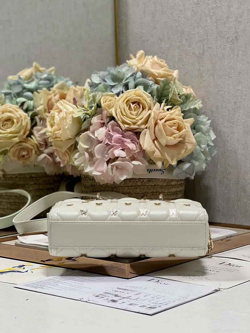 Dior M0613 Small Lady D-joy Bag White Cannage Lambskin with Gold-Finish Butterfly Studs
