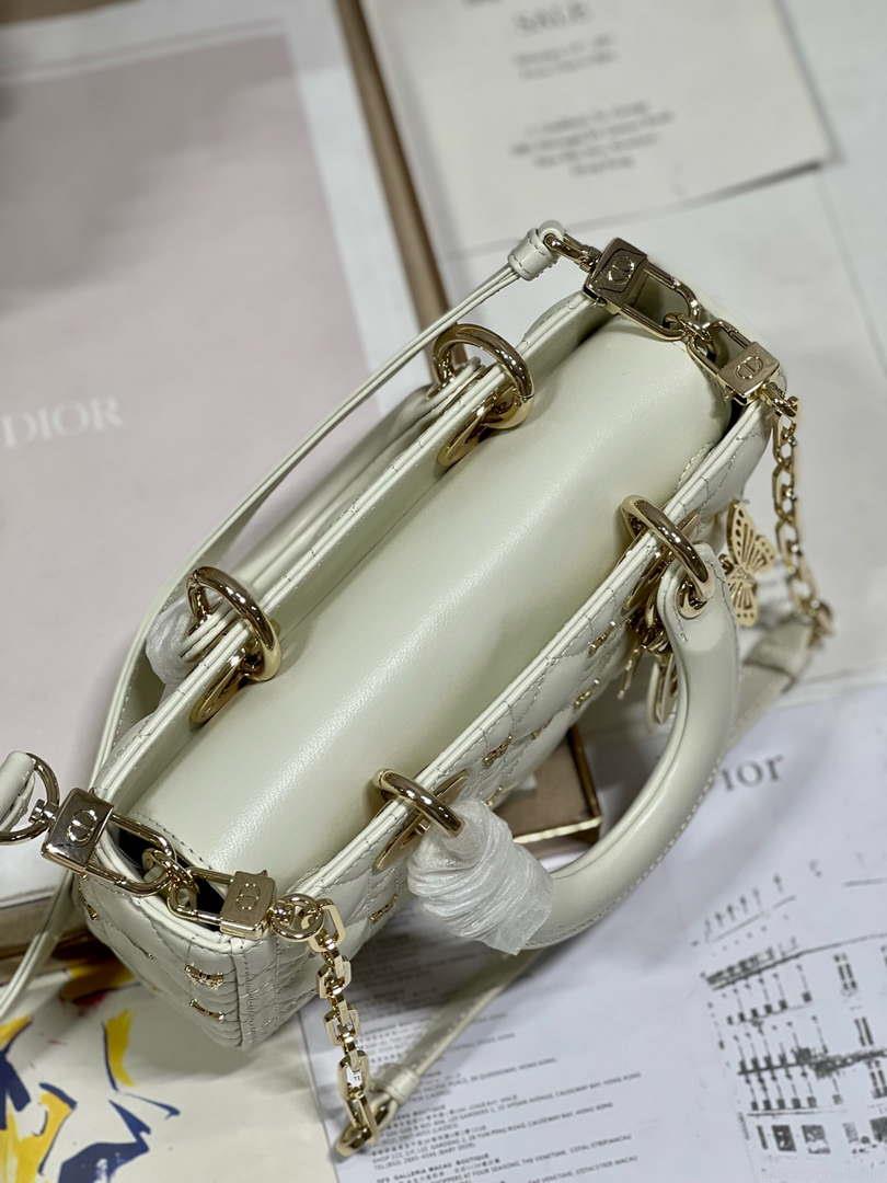 Dior M0613 Small Lady D-joy Bag White Cannage Lambskin with Gold-Finish Butterfly Studs