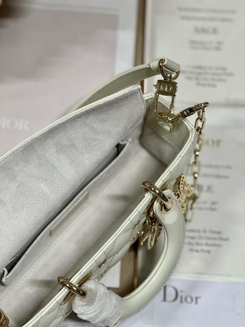 Dior M0613 Small Lady D-joy Bag White Cannage Lambskin with Gold-Finish Butterfly Studs
