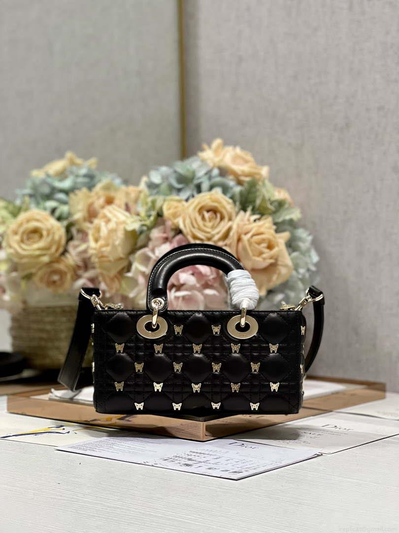 Dior M0613 Small Lady D-joy Bag Black Cannage Lambskin with Gold-Finish Butterfly Studs