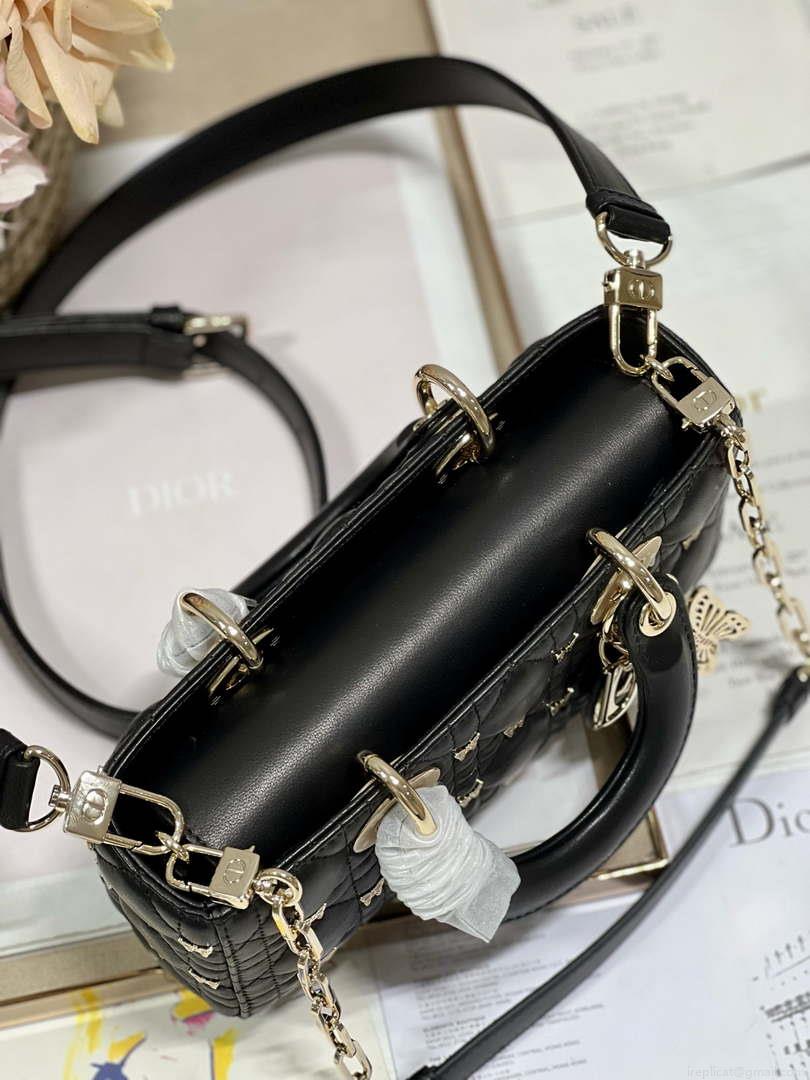 Dior M0613 Small Lady D-joy Bag Black Cannage Lambskin with Gold-Finish Butterfly Studs